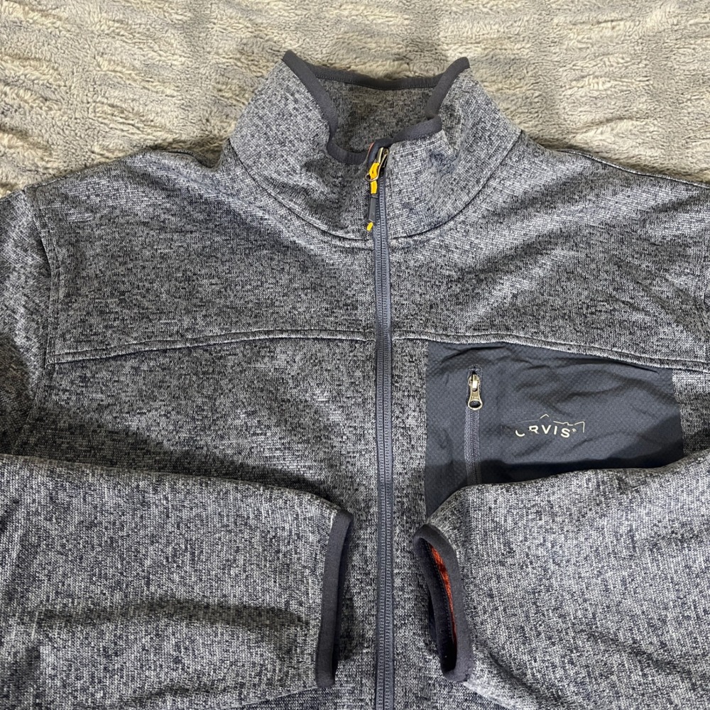 Orvis Mens Gray Full Zip Sweater Fleece Jacket Orange Lining 2H2M Large L